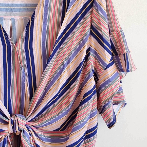 Umgee Striped Surplice Tie Front Flutter Sleeve Blouse - Picture 4 of 9